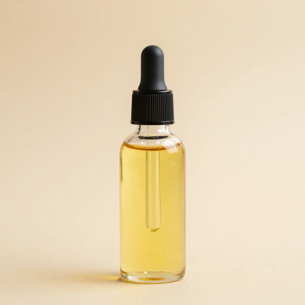 A glass bottle of pure jojoba oil on a light background