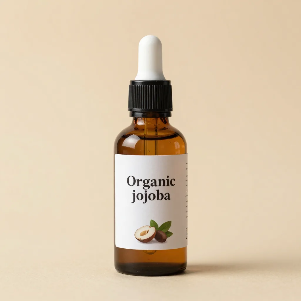 A glass bottle of organic jojoba oil on a light background