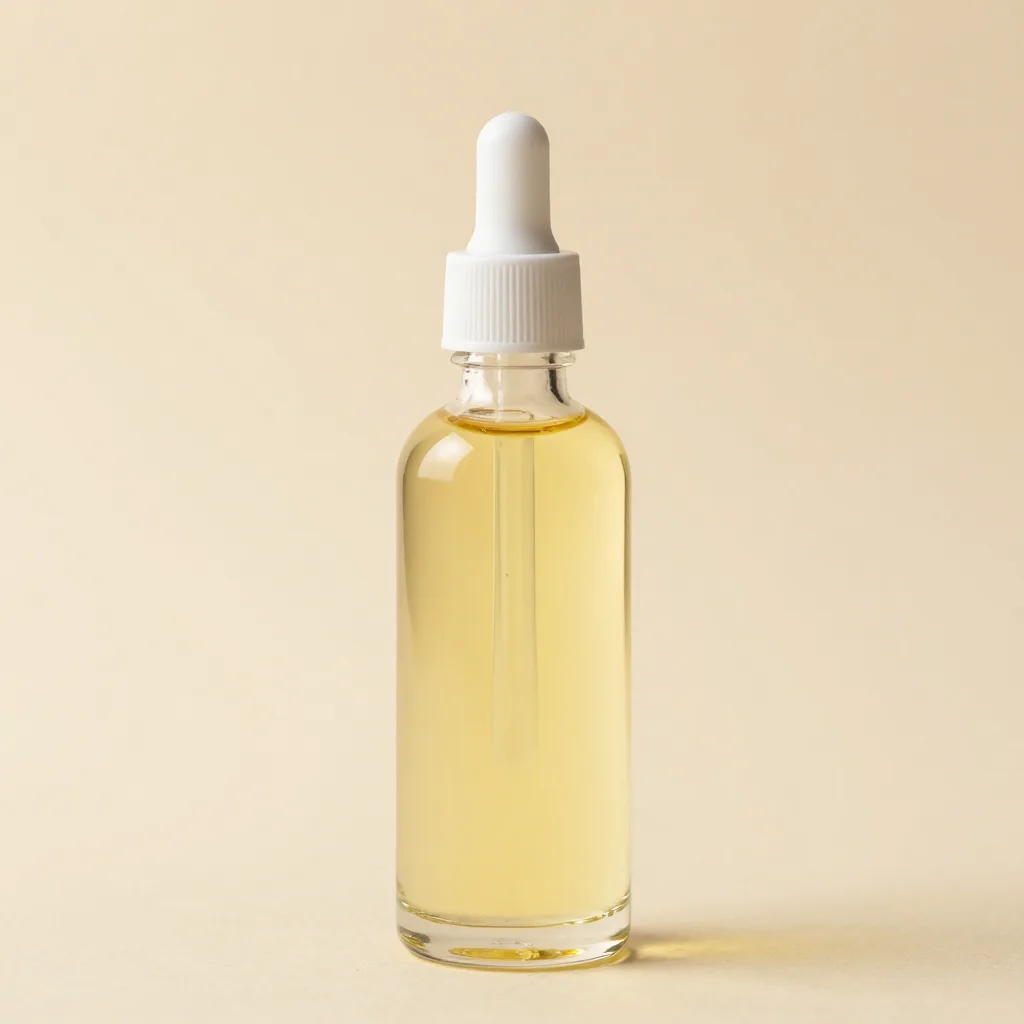 A glass bottle of unrefined jojoba oil on a light background