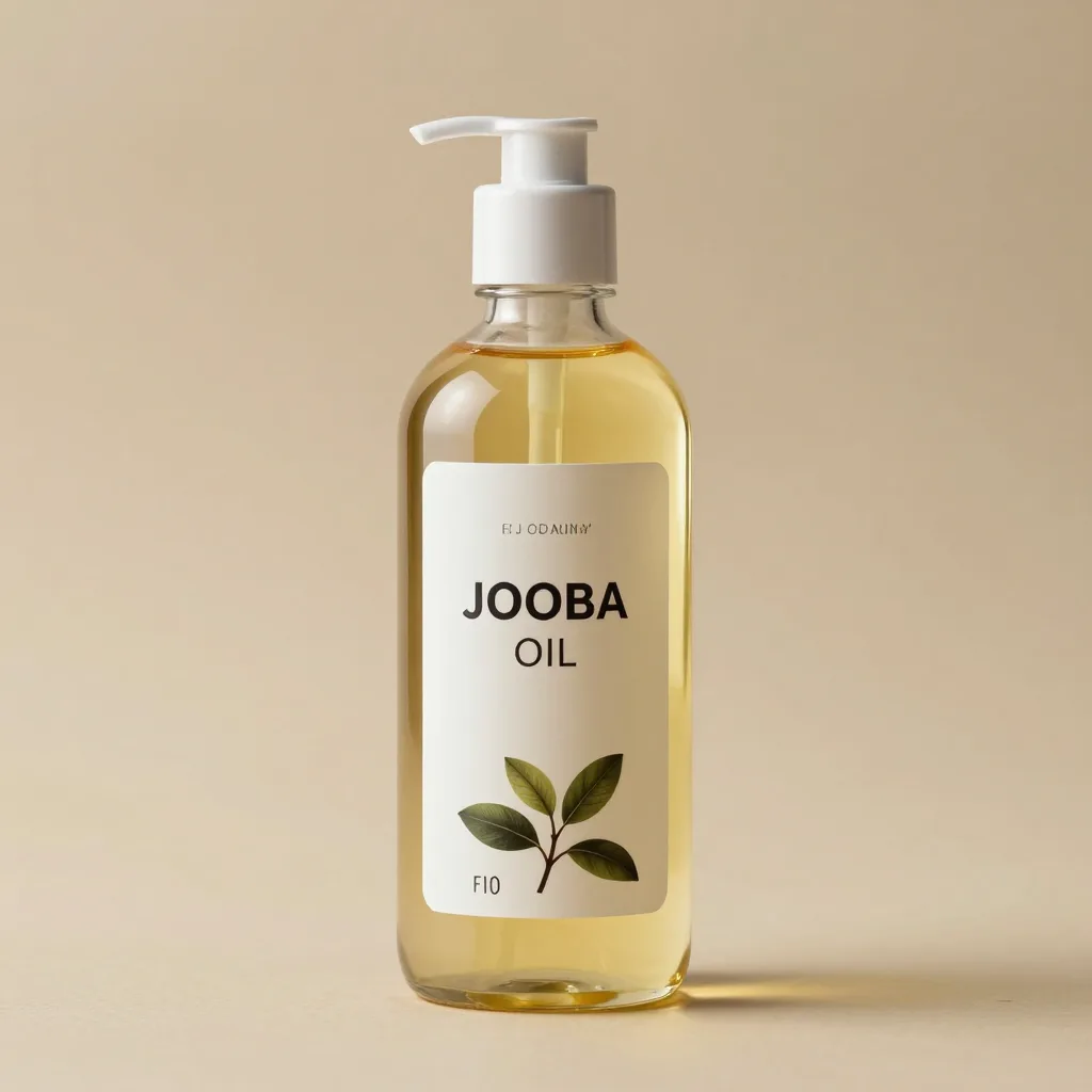 A large bottle of jojoba oil on a light background