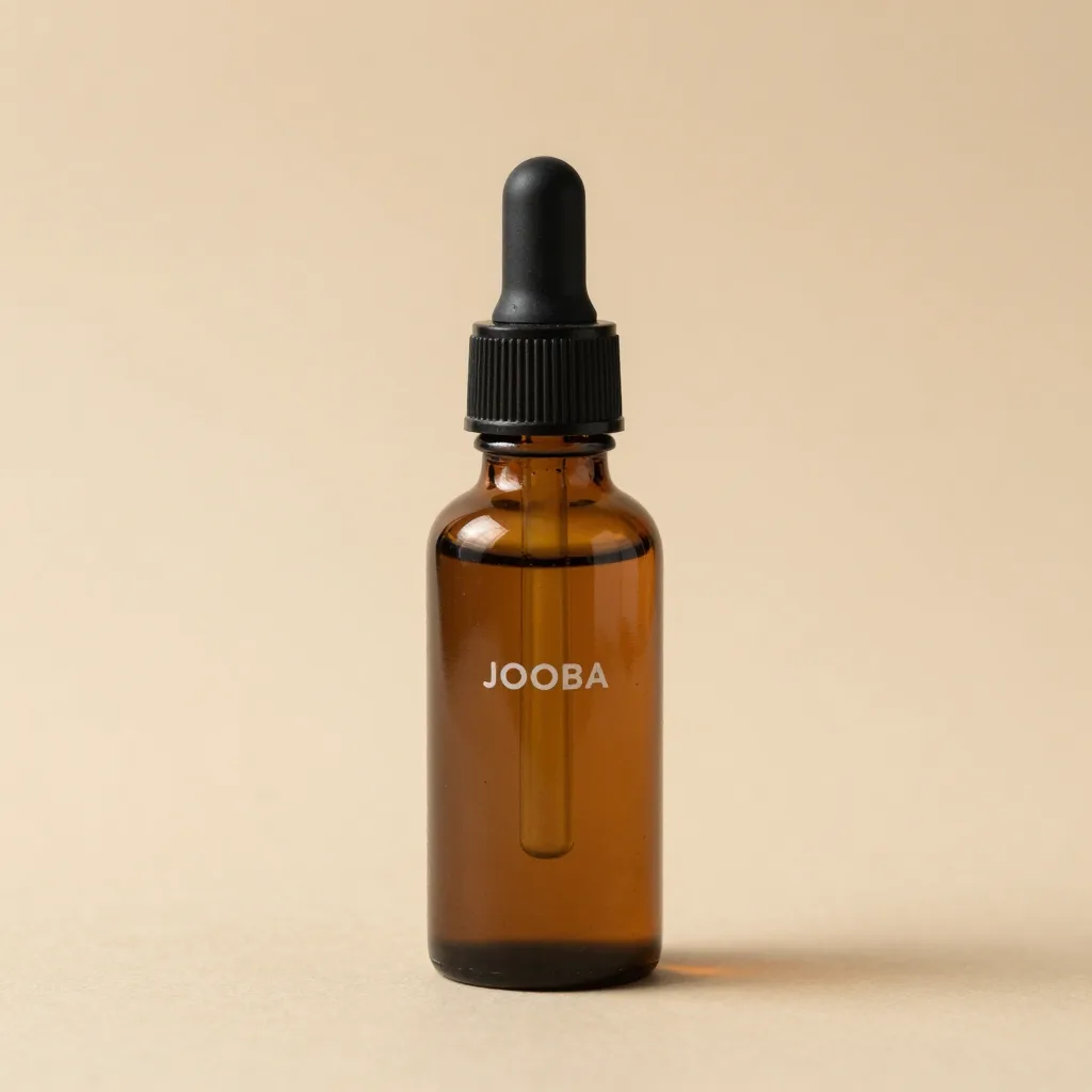 A small travel bottle of jojoba oil on a light background