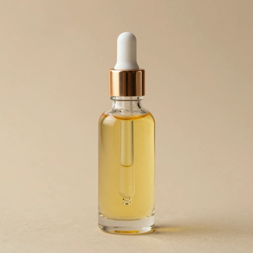 A glass dropper bottle of jojoba oil on a light background
