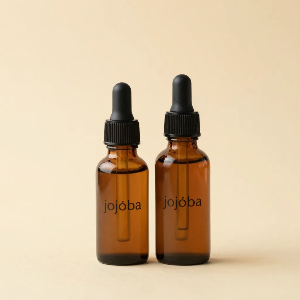 Two bottles of jojoba oil on a light background