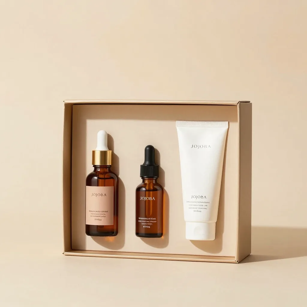 A jojoba oil gift set on a light background