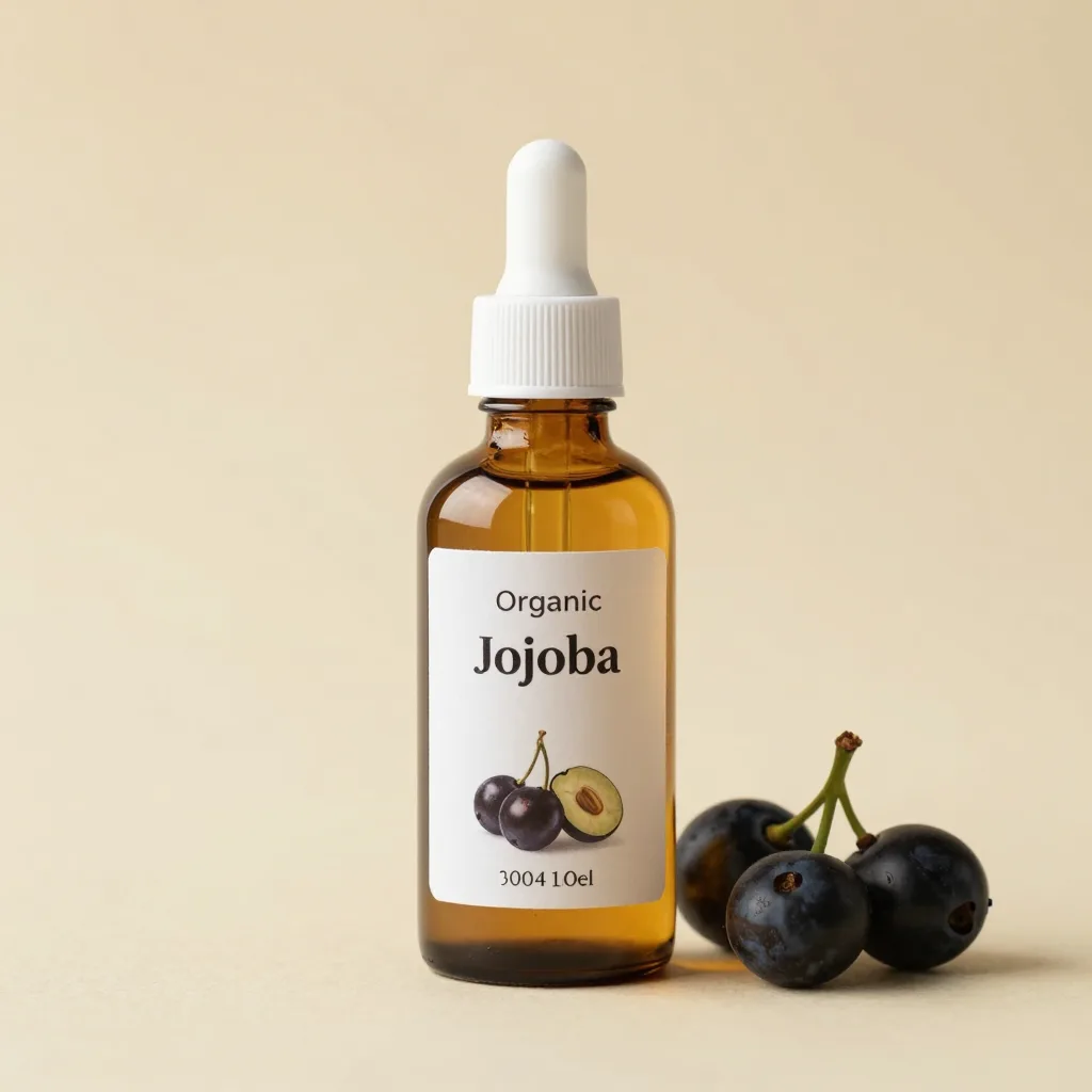 A bulk bottle of organic jojoba oil on a light background